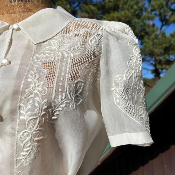 Vintage 70s Ivory Sheer Organza Puff Sleeve Cut Out Coquette Sash Waist Blouse - Picture 2 of 7